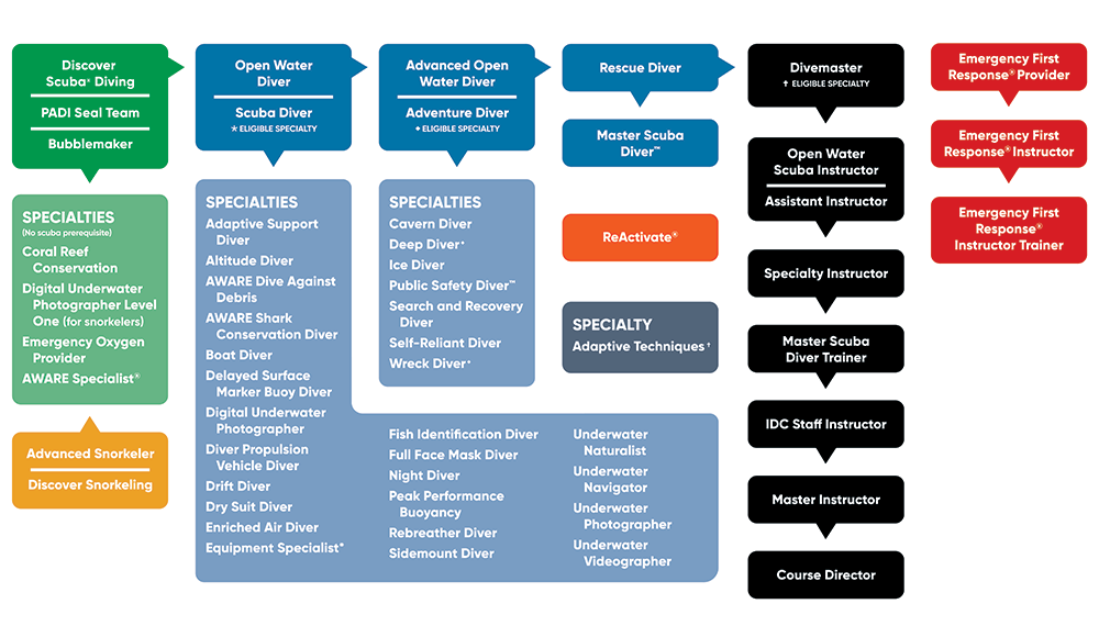 The PADI Course Flowchart, which shows the different course paths for Master Scuba Diver vs Divemaster